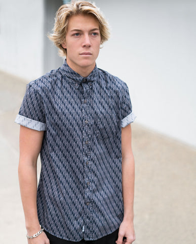 Navy Ikat Short Sleeve Buttonup