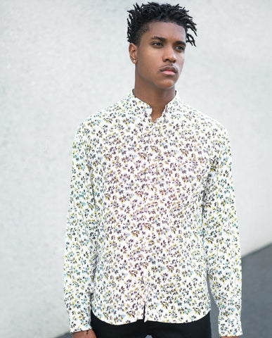 Sky Floral Off White LS Buttonup