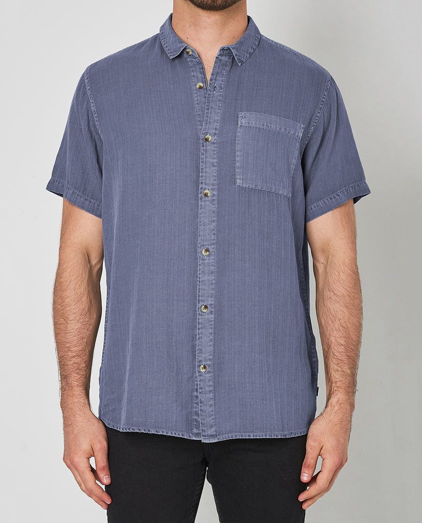 Rollas Men At Work Herringbone Weave Blue Buttonup